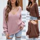 thumbnail image 3 of Suéter de punto suelto para mujer Jerseys Cuello en V Ahueca hacia fuera Tops casuales Abanopi Rosa/Grande, 3 of 7
