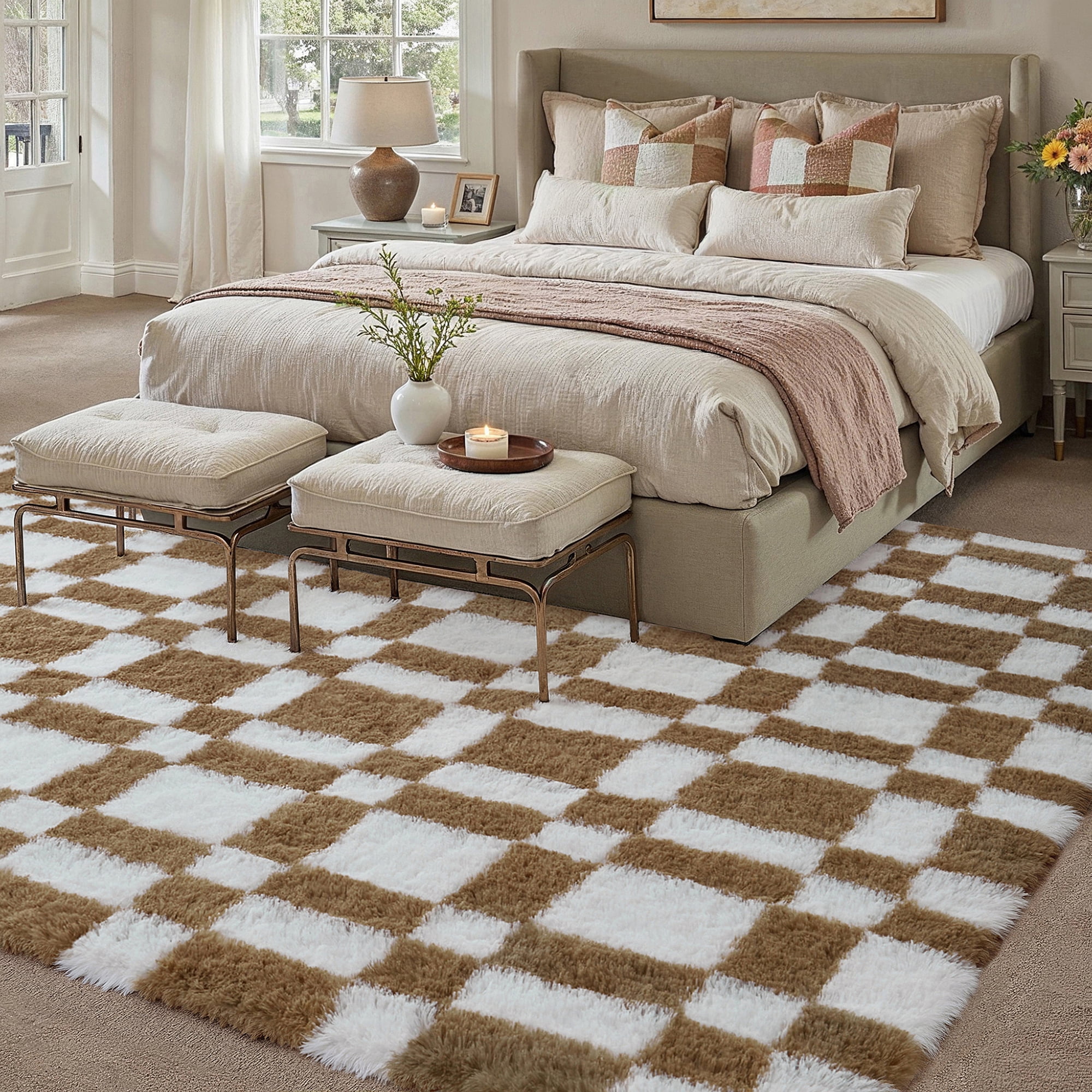 BERTHMEER 5'x7' Checkered Rug for Living Room, Modern Brown and White Checkerboard Shag Rug Non-Slip Area Rug Soft Indoor Fluffy Rugs for Bedroom Carpet Home Dorm Aesthetic Decor
