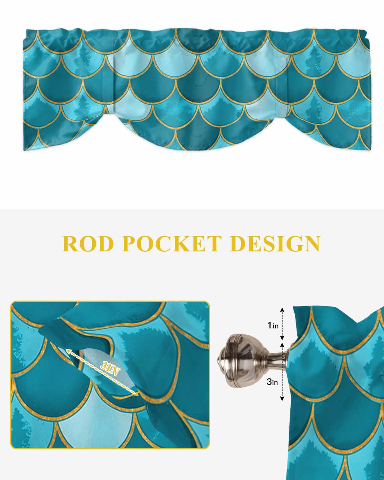 Turquoise Fish Scales Tie Up Valances Curtain, Adjustable Kitchen Ombre Fish Tail Abstract Art Vintage Valances for Windows Decor, Rod Pocket Short Curtains Set for Bedroom/Bathroom, 54"x18"