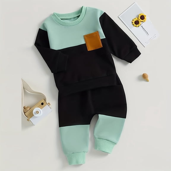 Zehjuhan 2Pcs Baby Boy Casual Clothing Long Sleeve Color Collision Crewneck Sweatshirt Top and Sweat Pants Outfit Sea Blue,3-6M
