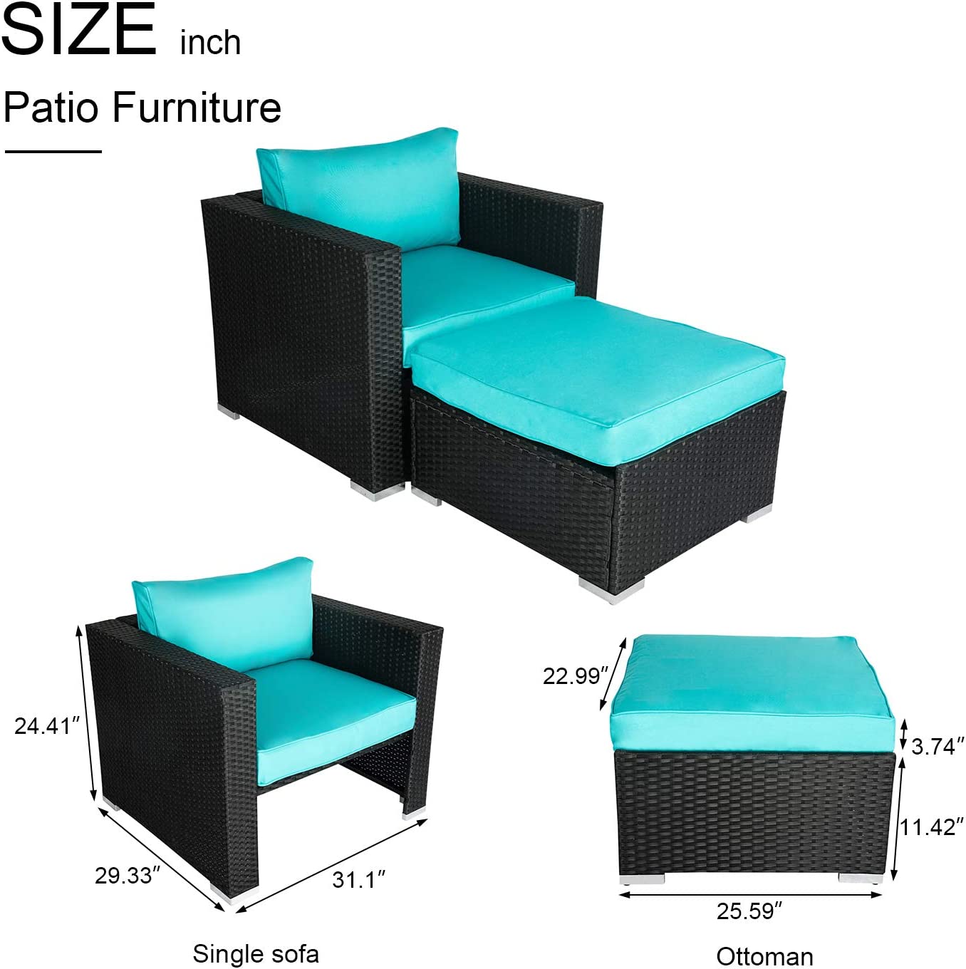 Kinbor 2pcs Outdoor Sofa Furniture PE Wicker Lounge Chair with Ottoman Sectional Conversation Set, Wicker Patio Sofa Sets, Blue - image 2 of 7