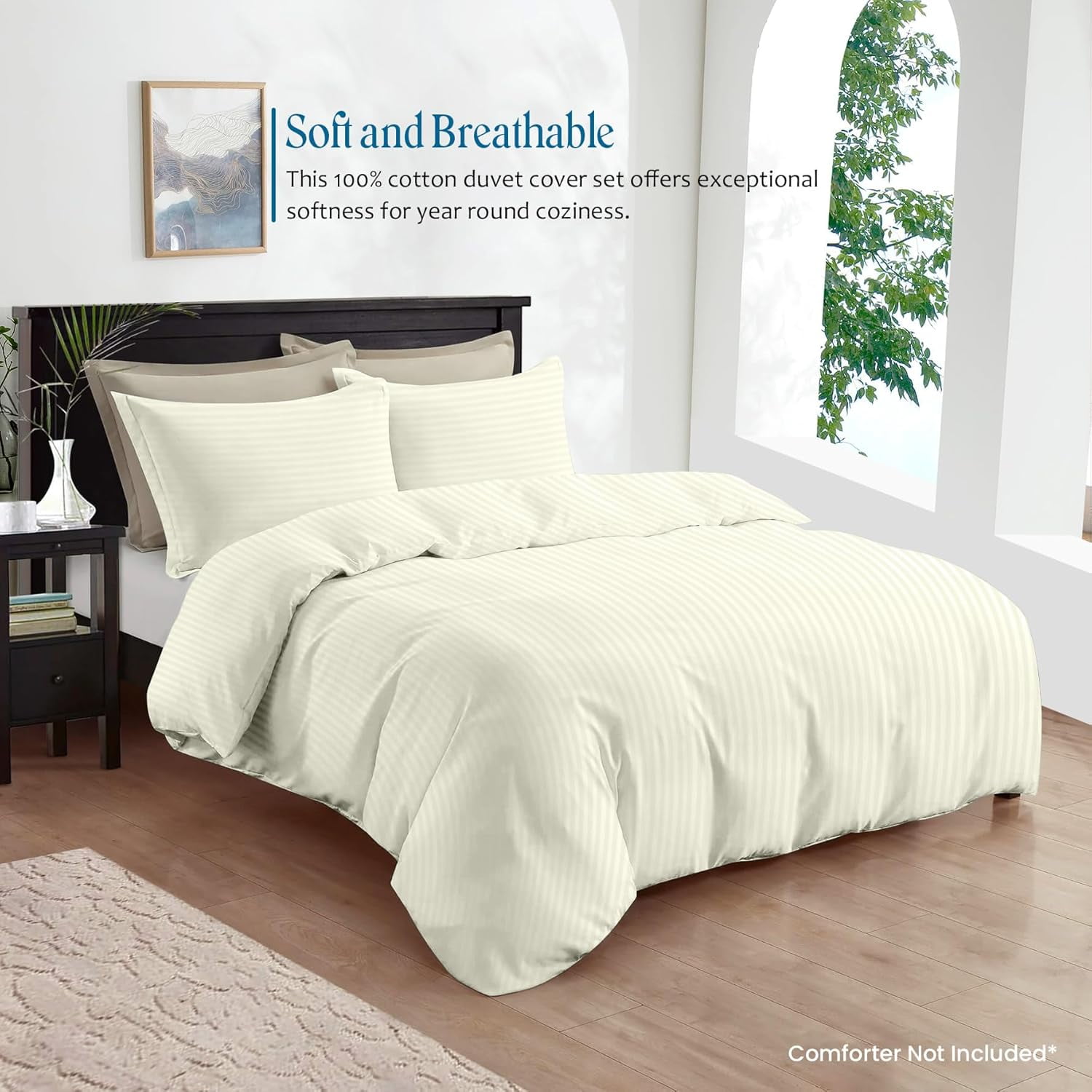 800 Thread Count Egyptian Cotton 3-Piece Duvet Cover Set with 3-Sided Zipper Closure & Corner Ties - OverSize King ( 98" x 120" ) Inches, Ivory Stripe