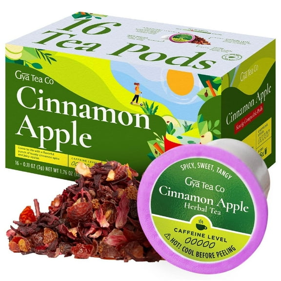 Gya Tea Co Cinnamon Apple Herbal Tea K-Cups for Keurig (Non-Caffeinated) – Naturally Caffeine-Free, Warm & Spiced Flavor – Compatible with Keurig 2.0 & 1.0