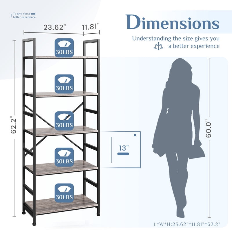 Gianna 5 Tier Bookshelf, Free Standing Shelf, Bookcase Shelf Storage Organizer, Industrial Book Shelves for Home Office, Living Room, Kitchen, Gray