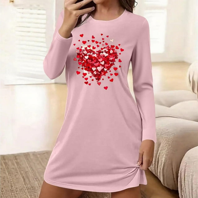 Camisón corto holgado y cómodo con cuello redondo y manga larga estampado para mujer