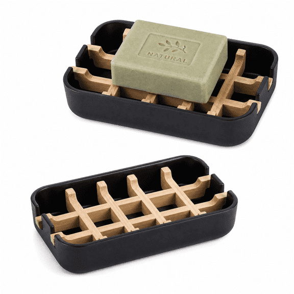 Black Bamboo Soap Dish with Drainage, Detachable Wooden Bar Soap Holder, Durable Soap Tray for Bathroom, Shower, Sink and Bathtub, Single Pack