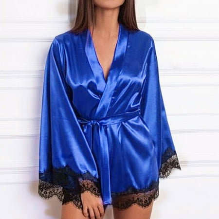

Women Satin Nightdress Silk Lace Lingerie Nightgown Sleepwear Sexy Robe（Blue L）