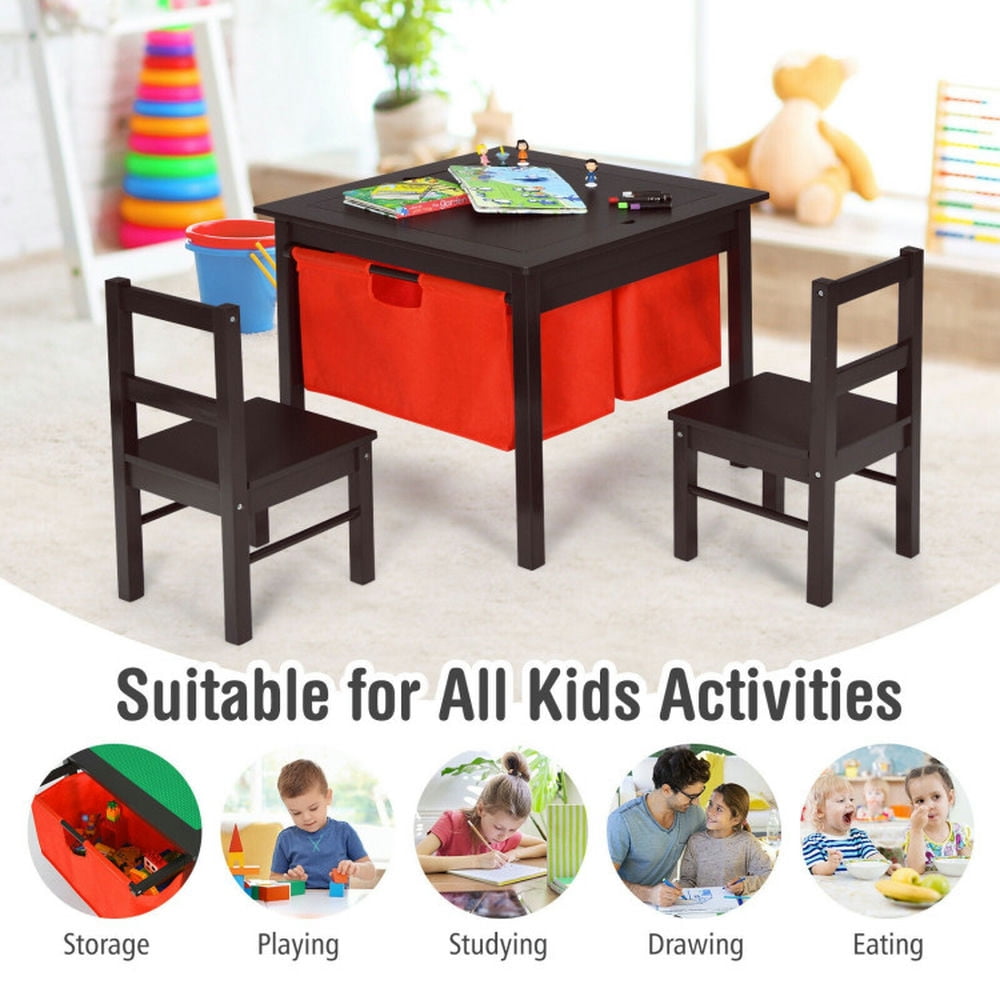 Spaco 2-in-1 Kids Double-sided Activity Building Block Table with Drawers-Brown, Toddler Table and Chair Set for Arts & Crafts, Snack Time, Homeschooling, Homework