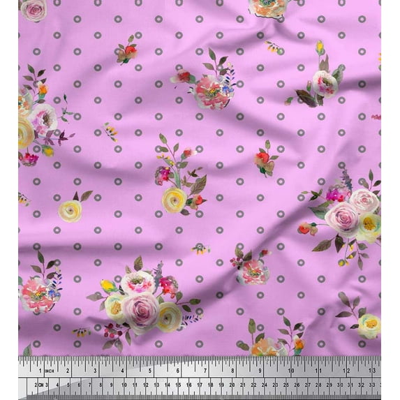 Soimoi Pink Poly Georgette Fabric Leaves,Small Circle & Floral Fabric Prints by Yard 52 Inch Wide