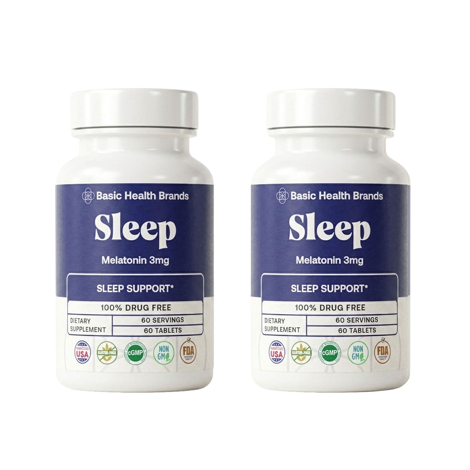 Basic Health Brands SLEEP Melatonin - Vegan, Non-GMO, Gluten-Free for Insomnia Relief, 60 Tablets (2 Pack)