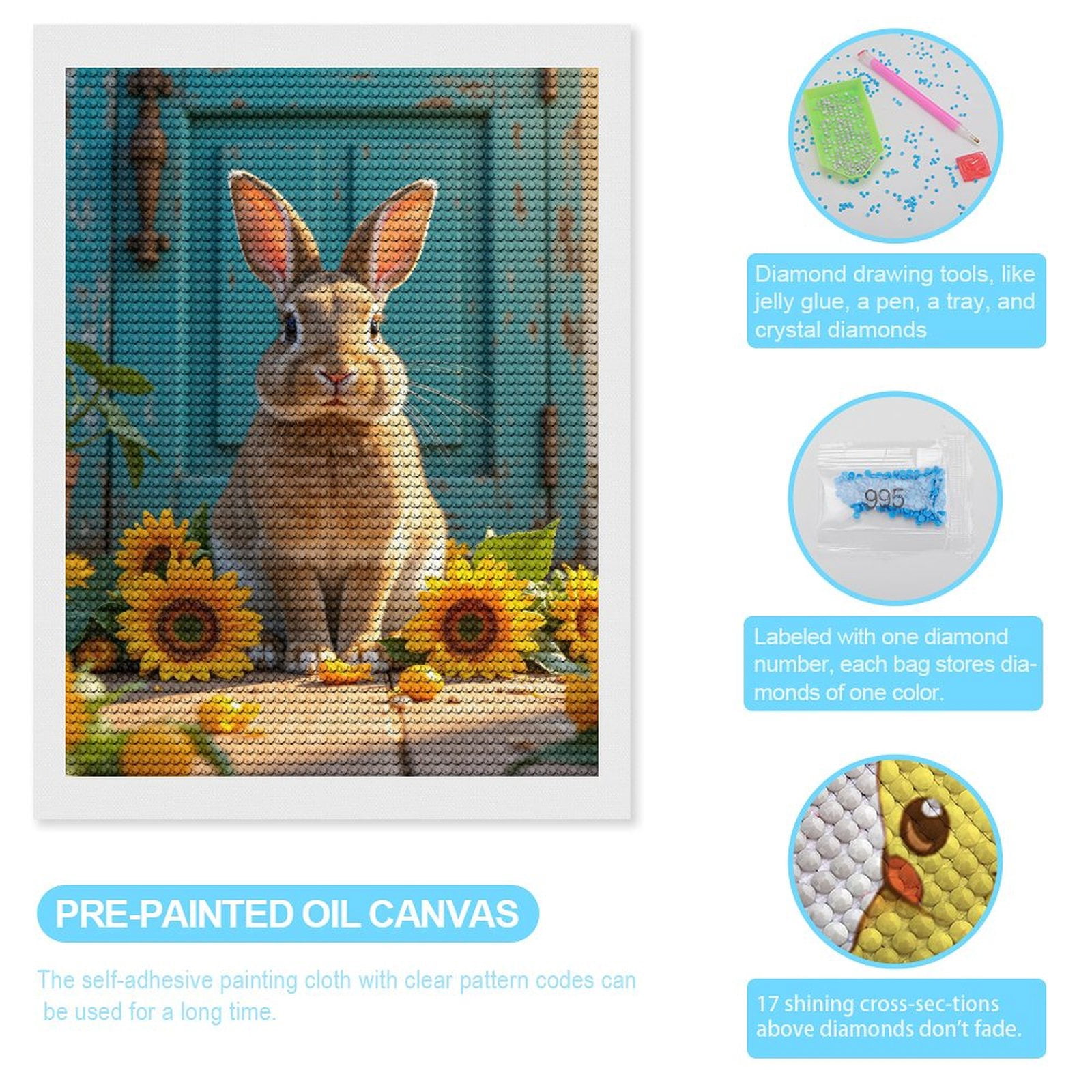 Diamond Art Kits for Adults, Rabbit With Sunflowers Doorway Scene 5D Diamond Painting Kits for Adults Beginners, DIY Full Drill Diamond Painting, Gem Art and Crafts 12x16