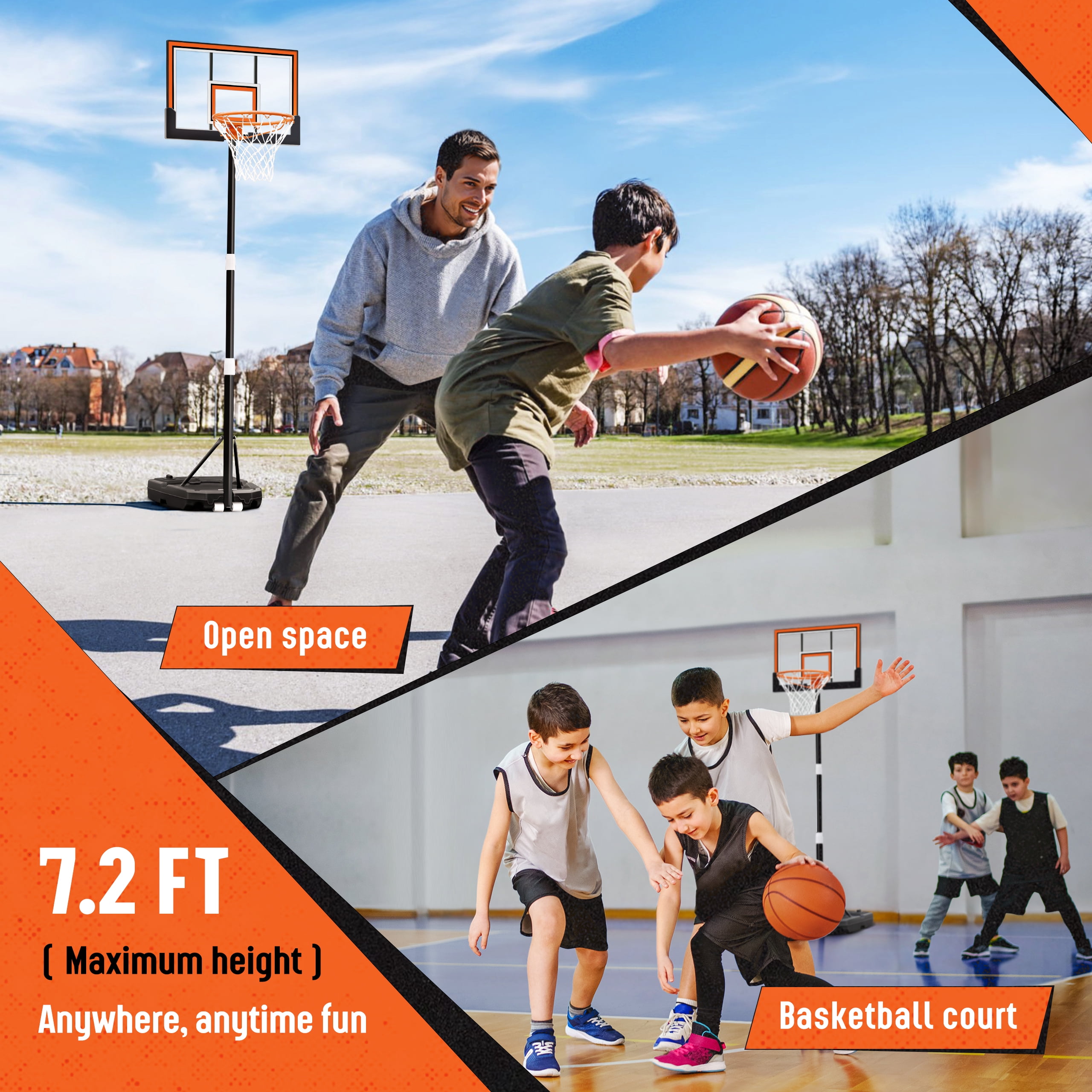 SERAY Adjustable Basketball Hoop for Kids, Teens & Adults, 3.2-7.2 feet Height, Portable Basketball Goal with 29 inch Backboard & 2 Wheels for Indoor & Outdoor Use