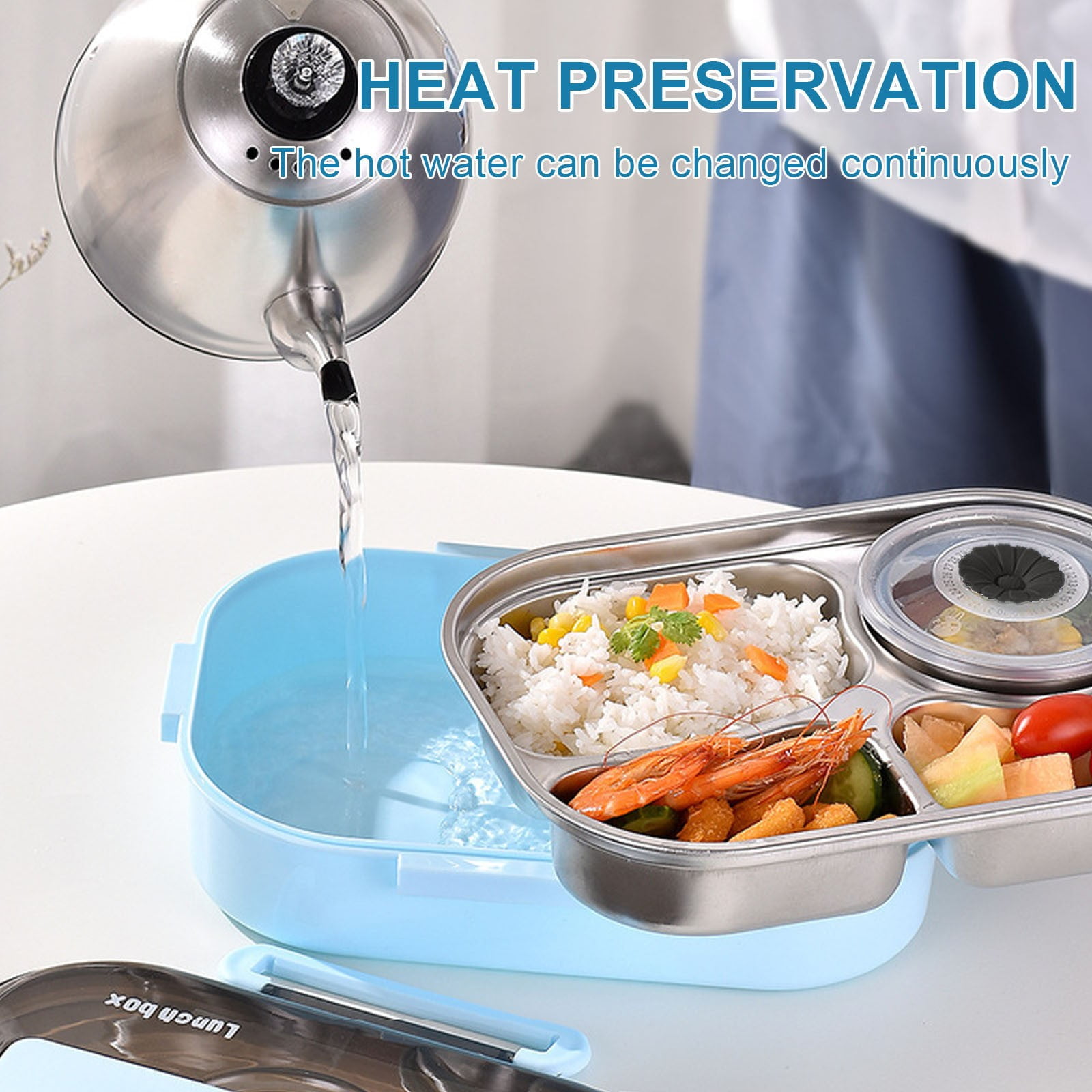 Tunhigl Thermal Insulation Bento Box - 4 Compartment Lunch Box with Soup Bowl, Portable Insulated Food Container for Office, College, Picnic - Keeps Meals Warm for Hours Blue