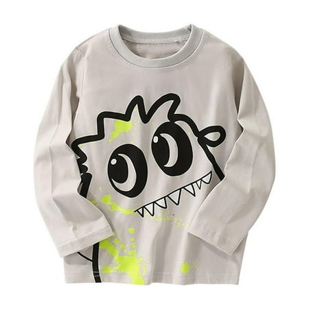 Little Boys Long Sleeve T Shirts Kids Casual Crewneck Top With Cartoon Print Soft Clothes Grey Size 6-7T