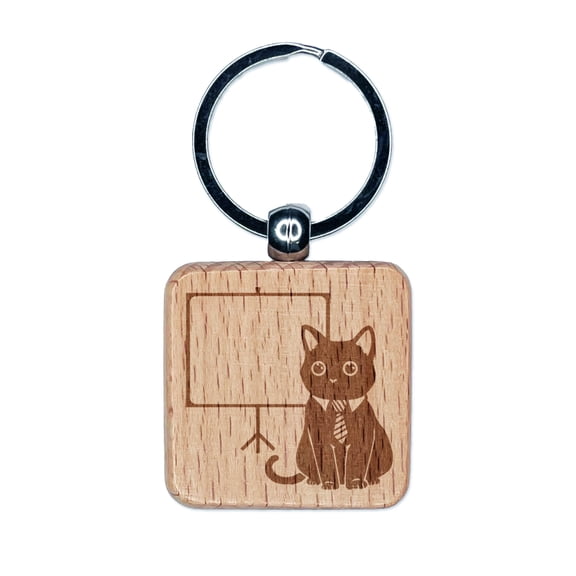 Business Cat with Blank Presentation Board Square Keychain Charm Tag - Engraved Wood