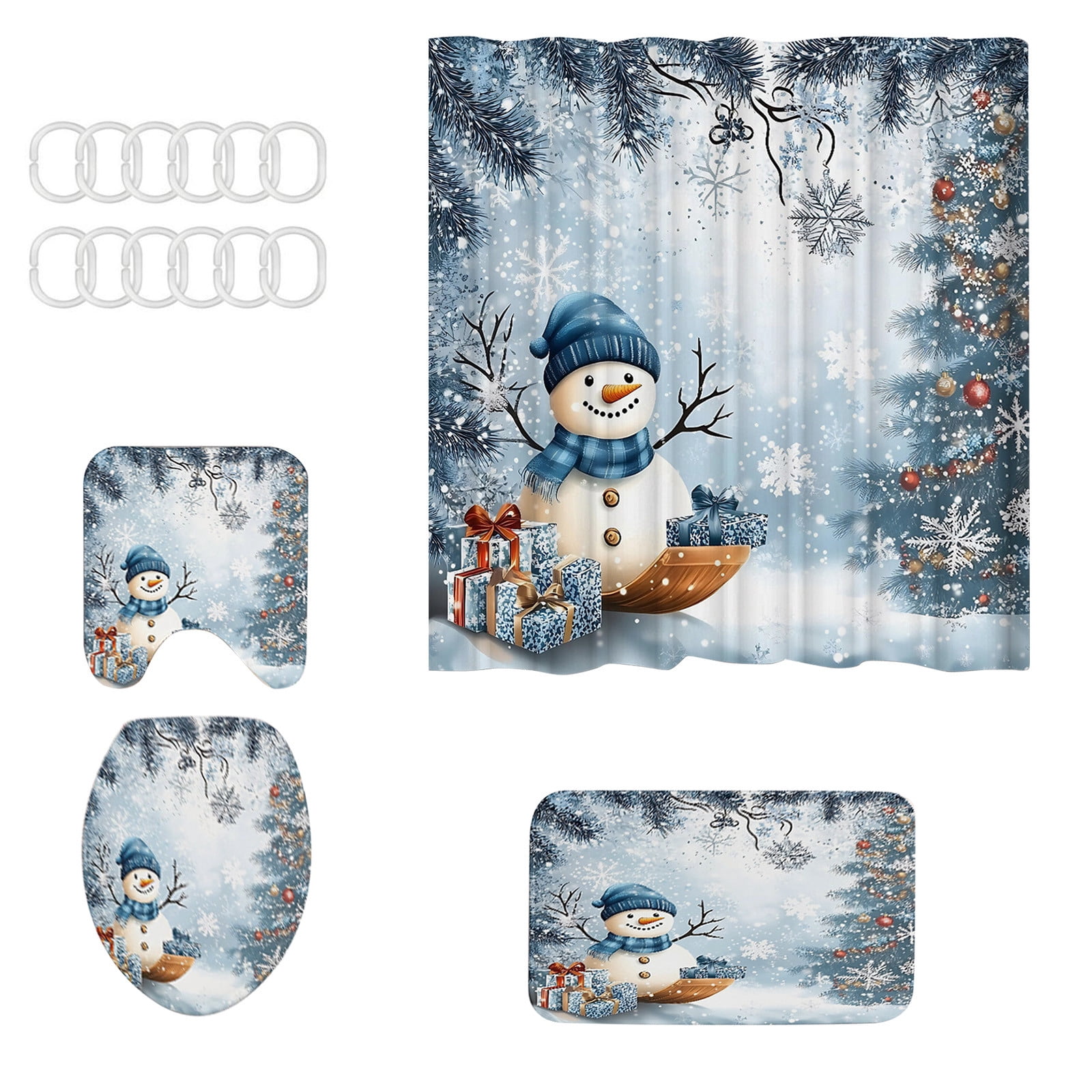 Costeam Christmas Shower Curtain Set with Santa Pattern, Waterproof Bathroom Decor with Holiday Theme for Xmas Party Background Decoration