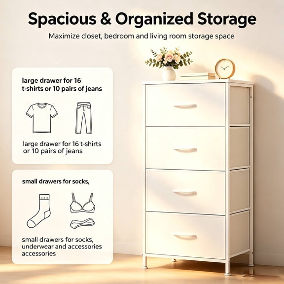 4 Drawers Dresser, Storage Tower, Organizer Unit, Fabric Dresser for Bedroom, Hallway, Entryway, Closets, Wood Top (White)