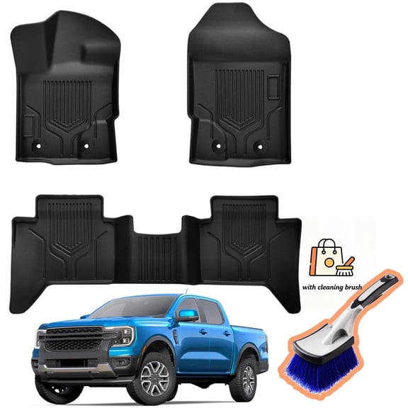 Canvcle Floor Mats for 2019-2023 Ford Ranger Super Crew Cab Accessories All Weather Floor Liner with Cleaning Brush TPE 1st & 2nd Row Floor Mat Heavy-Duty Floor Liners