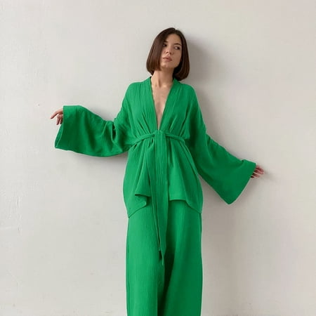 

Kimono Pajamas 2023 New 100% Cotton Crepe Long-Sleeved Trousers Ladies Sleepwear Suit Women s Home Service Mujer