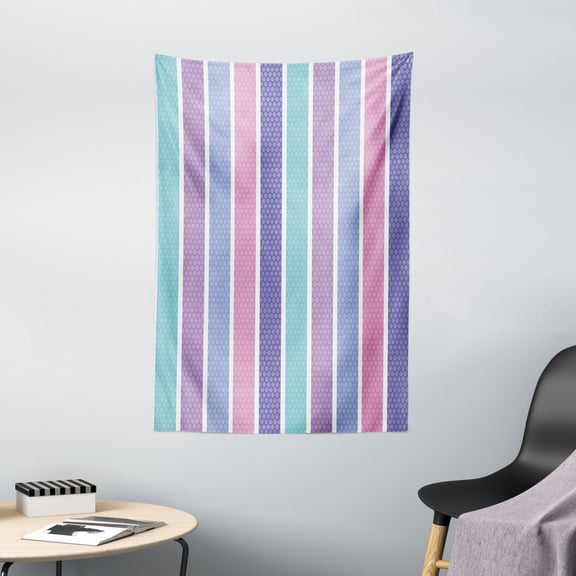 Pastel Tapestry, Abstract Art Style Vector Illustration of Polka Dot with Stripes Print , Wall Hanging for Bedroom Living Room Dorm Decor, 40W X 60L Inches, Violet and Violet Blue, by Ambesonne