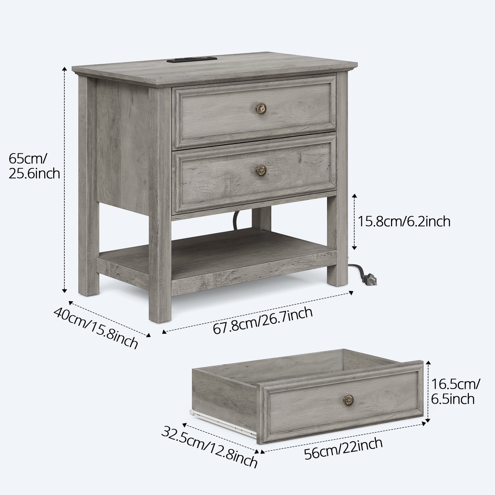 Holliwill 3pcs Dresser Nightstands Set, Farmhouse Bedroom Set, Wide 8 Drawer Dresser and 2 Drawer Nightstand with Open Shelf & Charging Station, Chest of Drawers for Bedroom, Grey