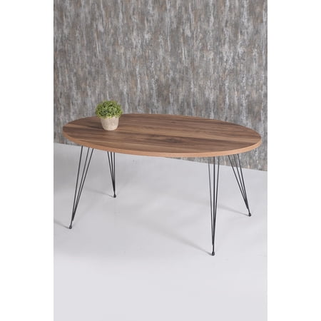 Walnut Oval Coffee Table with Black 3-Rod Metal Legs, Modern Style Coffee Table, Modern Round Coffee Table for Living Room,Coffee Tables For Living Room,Accent table,Center Table for Living Room