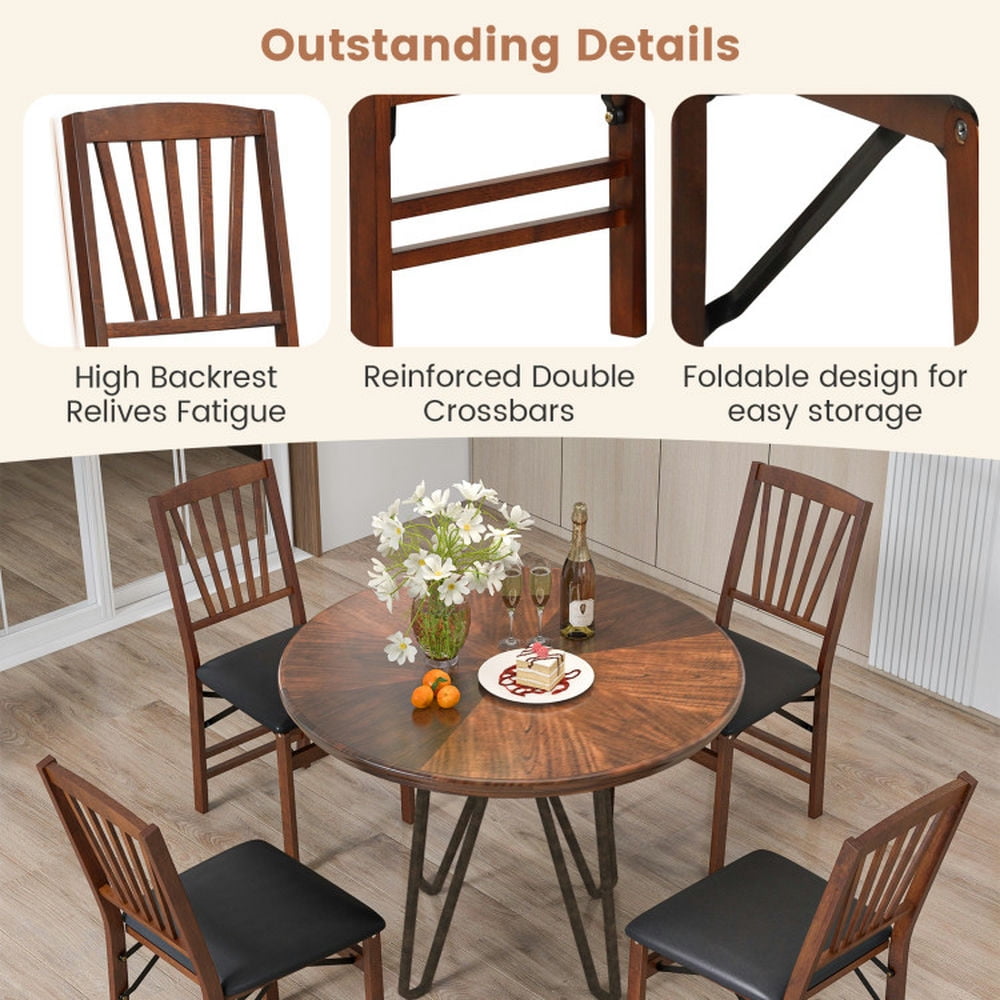 Demi Bonn Set of 2 Folding Dining Chairs with Padded Seat and Rubber Wood Frame, Brown