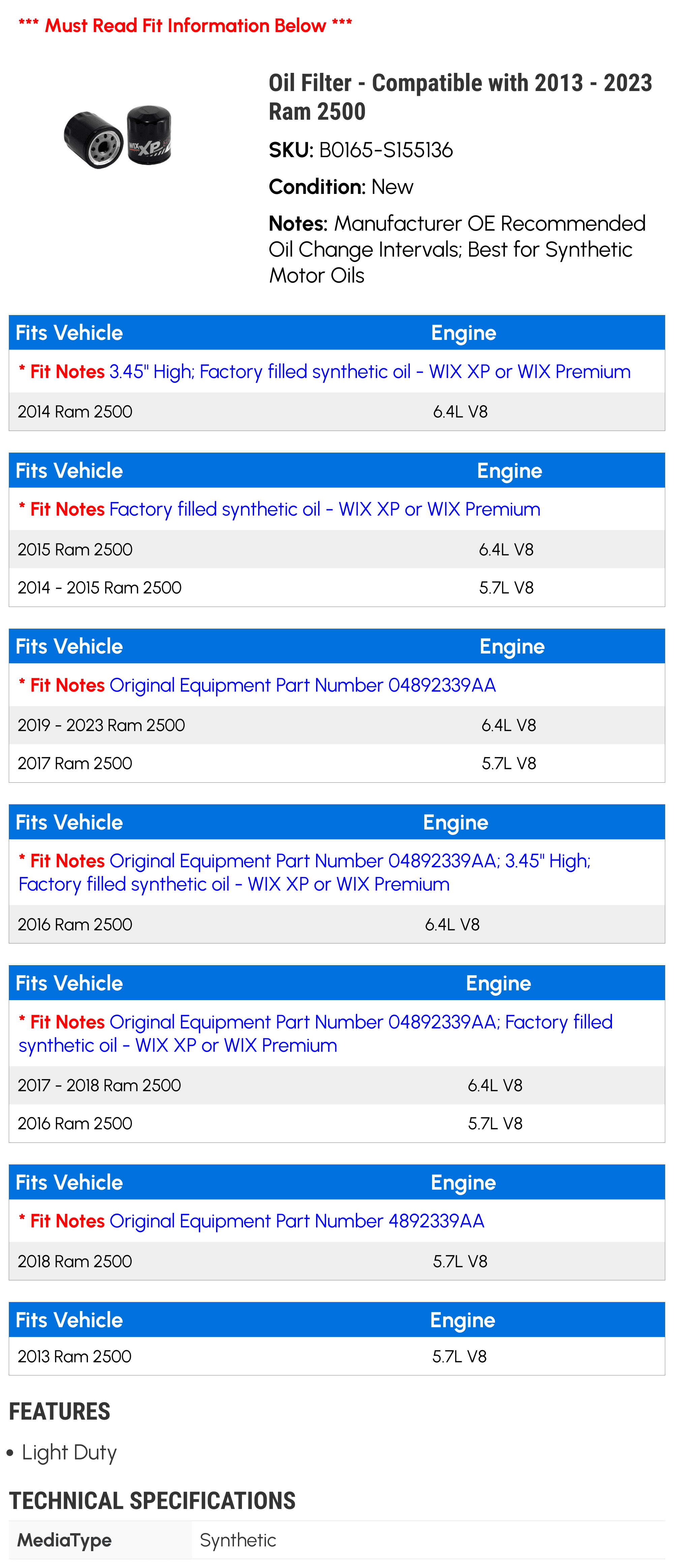 Oil Filter - Compatible with 2013 - 2023 Ram 2500 2014 2015 2016 2017 2018 2019 2020 2021 2022