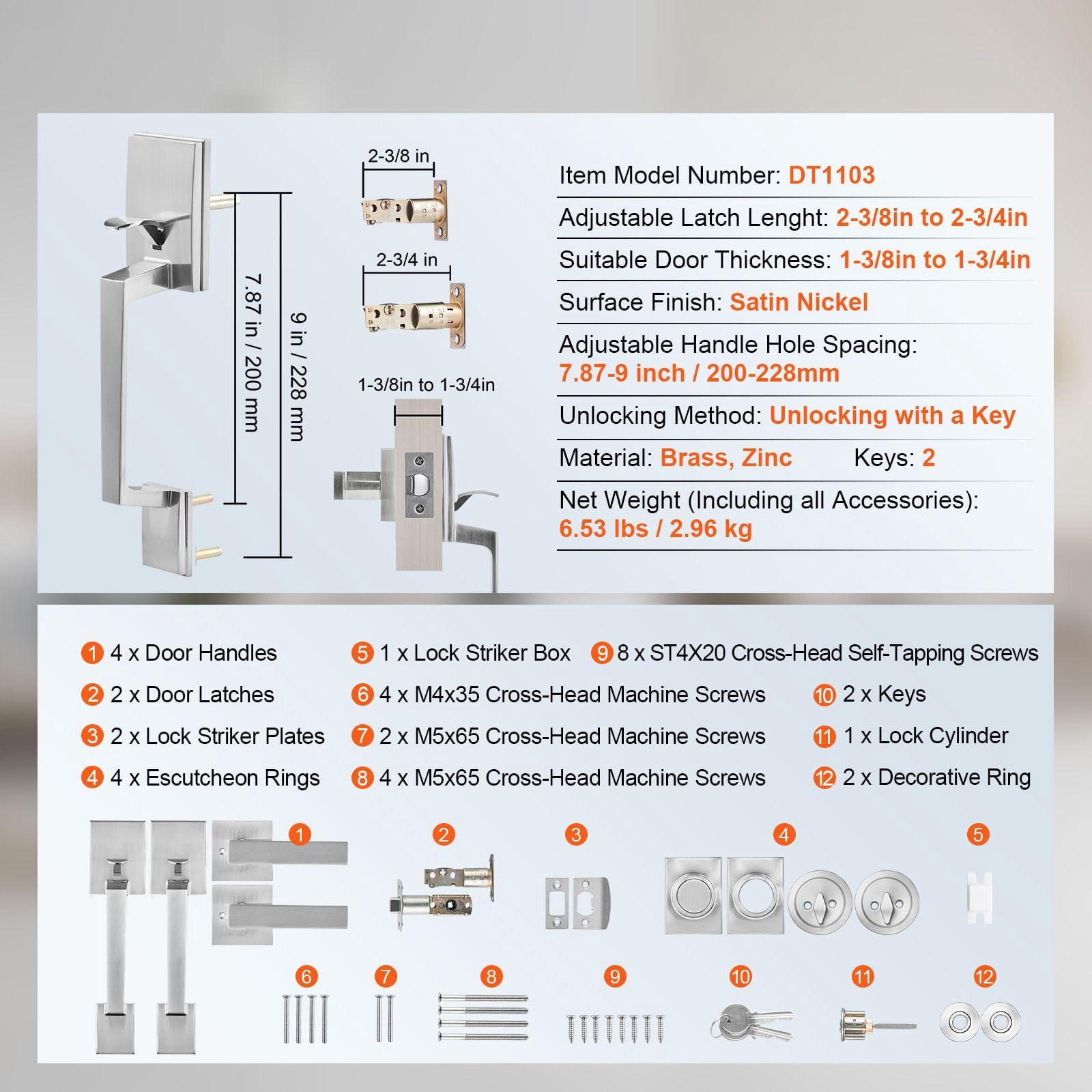 Adjustable Double Door Handle Set with Zinc Alloy Die-Cast, Reversible, 1-3/8 to 1-3/4" Door Thickness, for Front Door Office Door