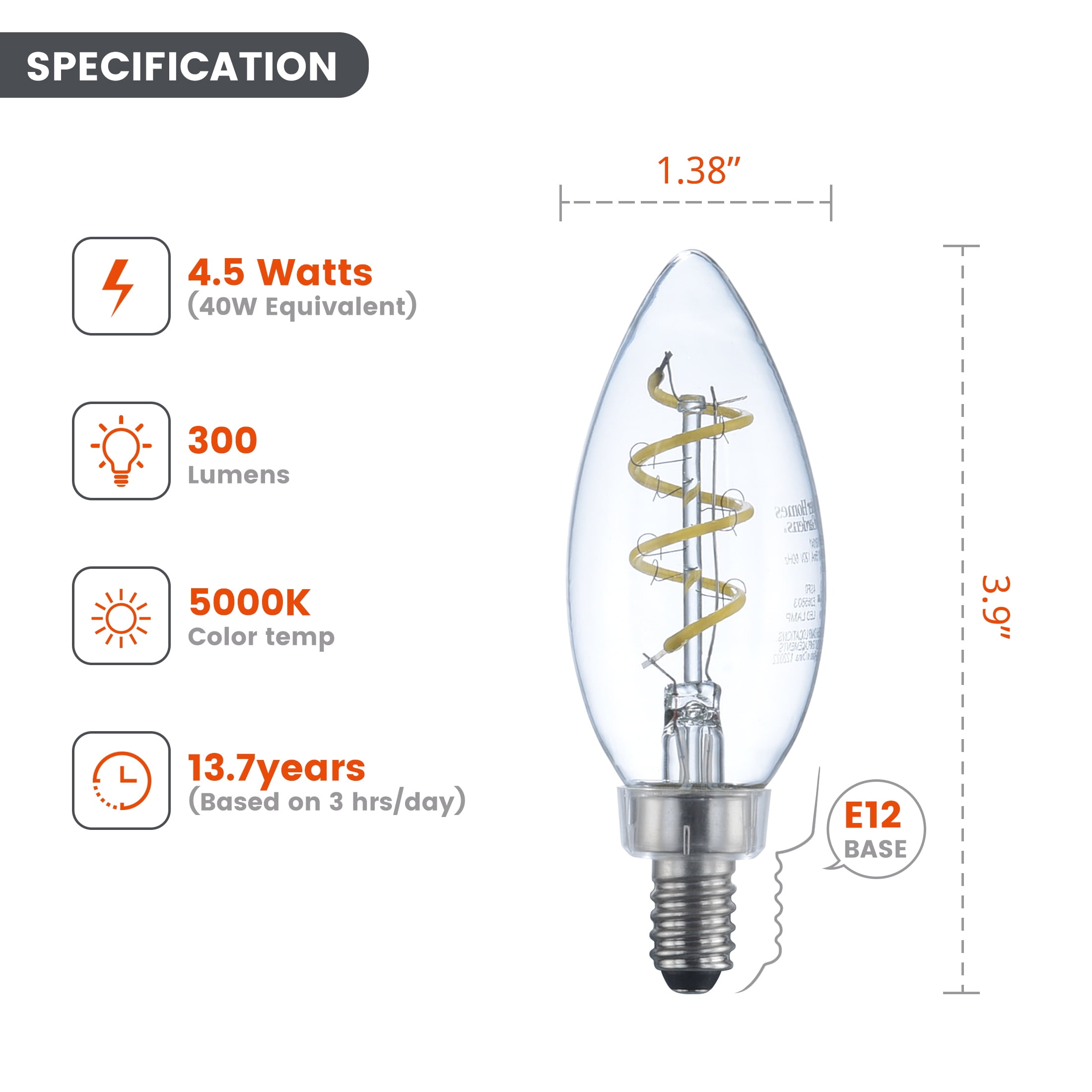 Better Homes & Gardens LED Light Bulb, 4.5W (40W Equivalent) B10 Candle Bulb, Dimmable, E12 Candelabra Base, Daylight, 4 Pack