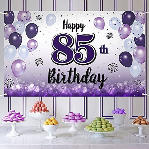 LASKYER Happy 85th Birthday Purple Large Banner - Cheers to 85 Years Old Birthday Home Wall Photoprop Backdrop,85th Birthday Party Decorations.