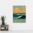 thumbnail image 2 of Surfers Surfing Chasing Waves at Sunset Teal Mustard Abstract Oil Paint Extra Large XL Wall Art Poster Print, 2 of 3