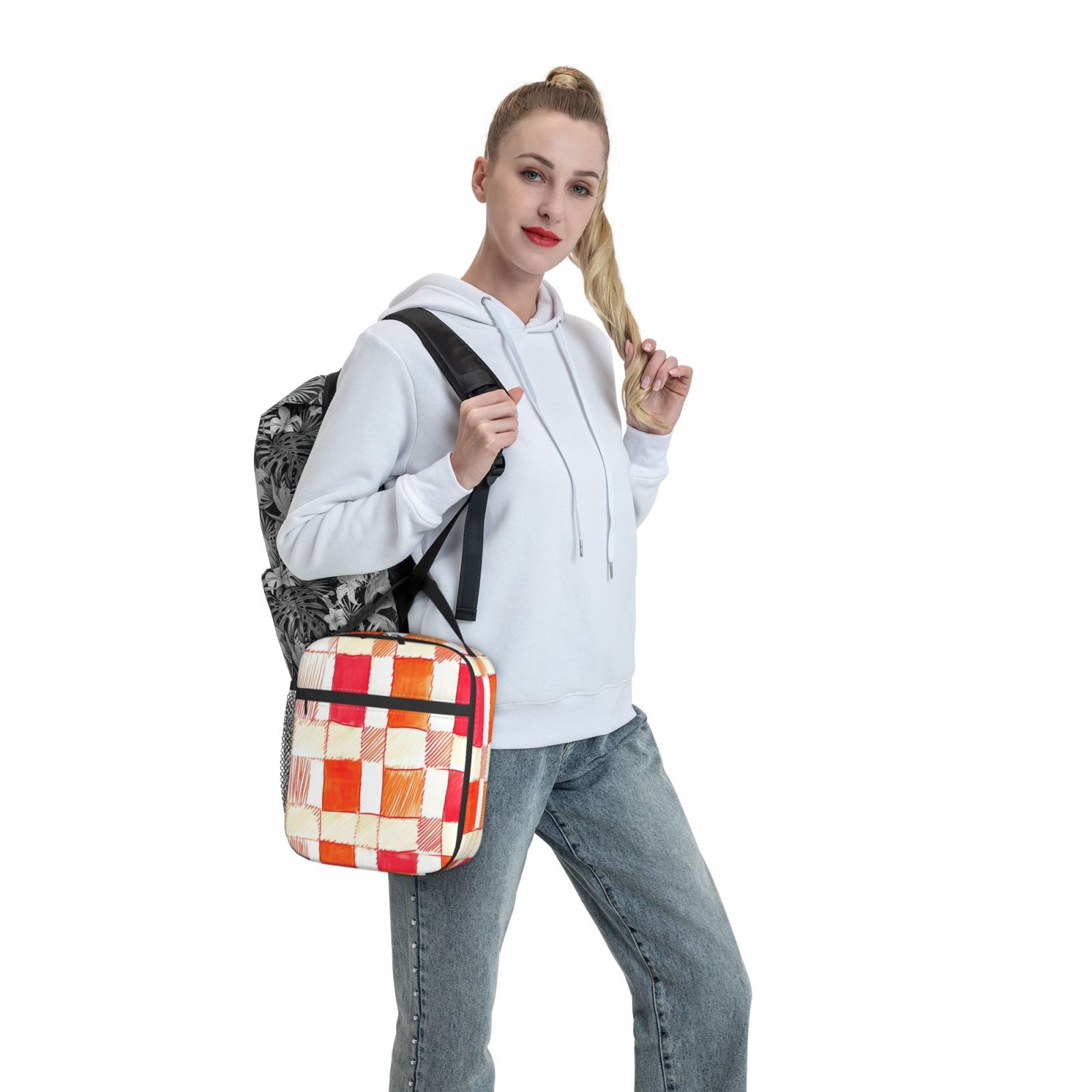 Lunch Bag For Women Men Insulated Portable Lunch Box Bento Box Office Picnic Travel Cooler Bag Orangered Houndstooth Checkered Hand-Drawn Sketch_4