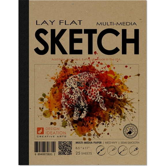 LAY FLAT sketchbook. Removable sheet, journal style SKETCH book. Multi-media. (8.5" x 11") 25S