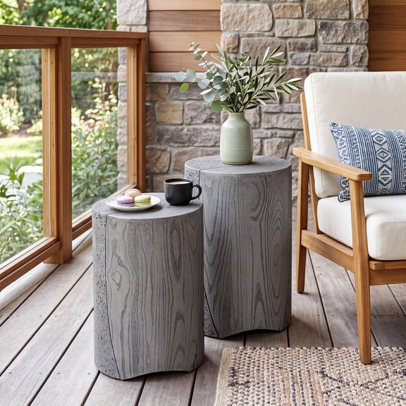 VENTOPYR Set of 2 - 19.8" H Tapered Round Side Table, Faux Wood Travertine, Magnesium Oxide Accent Table, Dark Gray