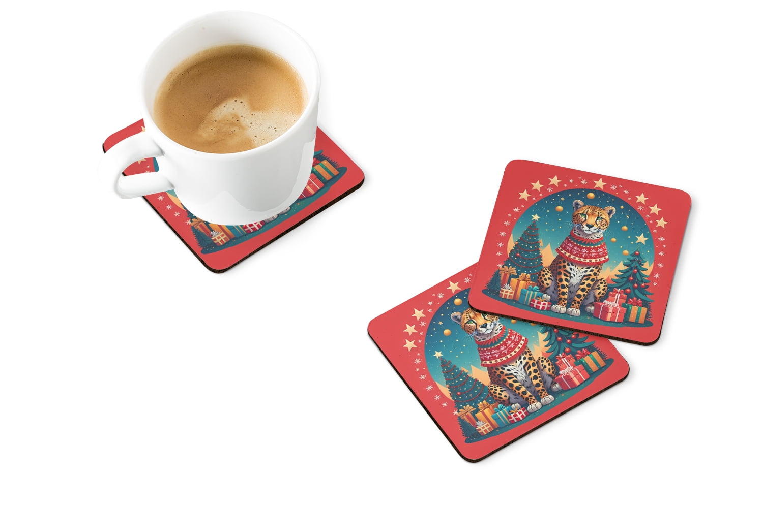Cheetah Christmas Foam Coaster Set of 4 3.5 in x 3.5 in