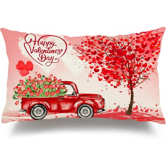 Housses de Coussin de la Saint-Valentin 12x20 Camion de Tulipes Cœur Arbre Joyeuse Saint-Valentin Taies de Coussin Lombaire - Housses de Coussins Décoratives Rustiques Style Ferme en Lin pour Canapé Sofa Déco Décoration