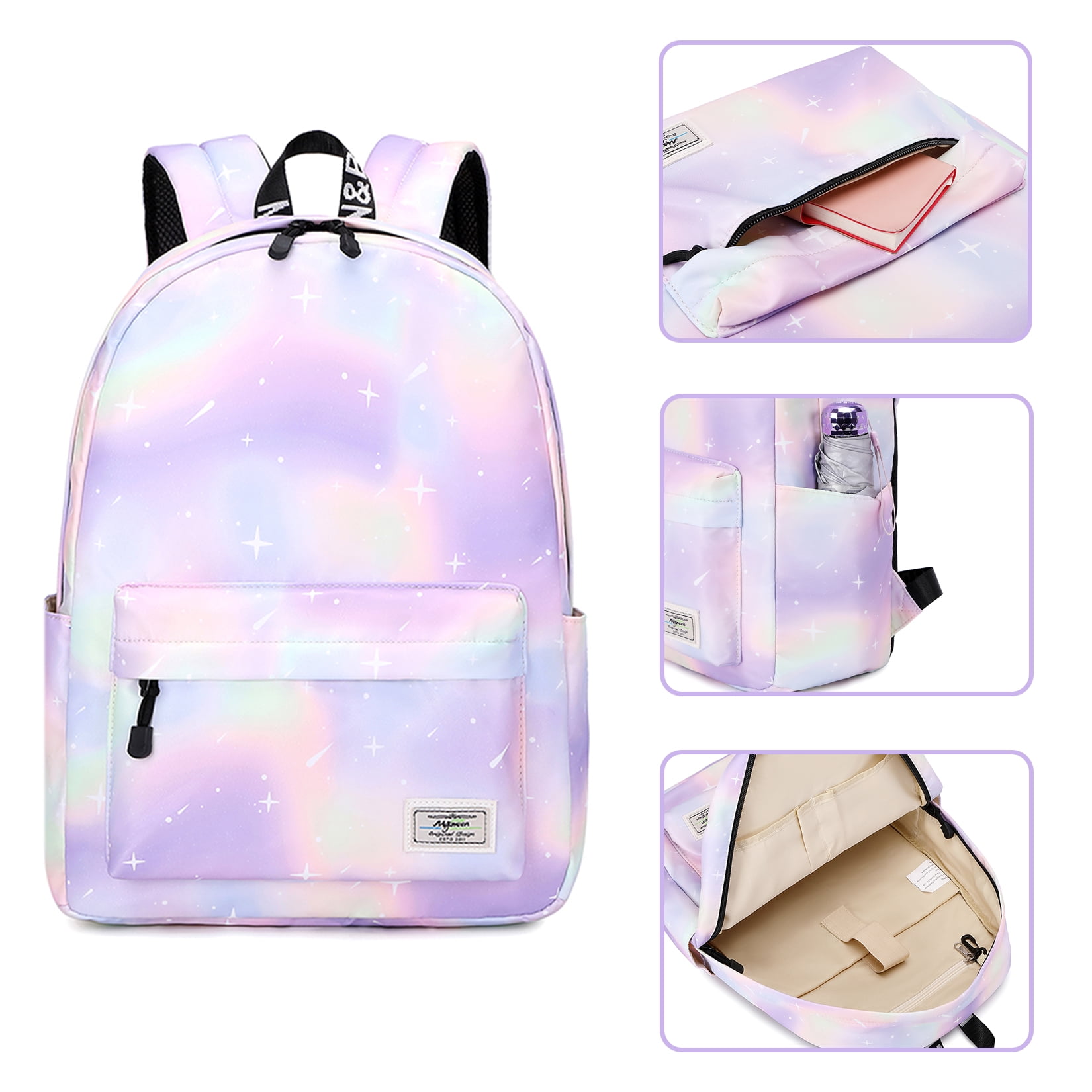 Mygreen Tie Dye Girls Backpack, Kid Backpacks for Girls Cute Lightweight Bookbag with Lunch Bag Galaxy Green Purple
