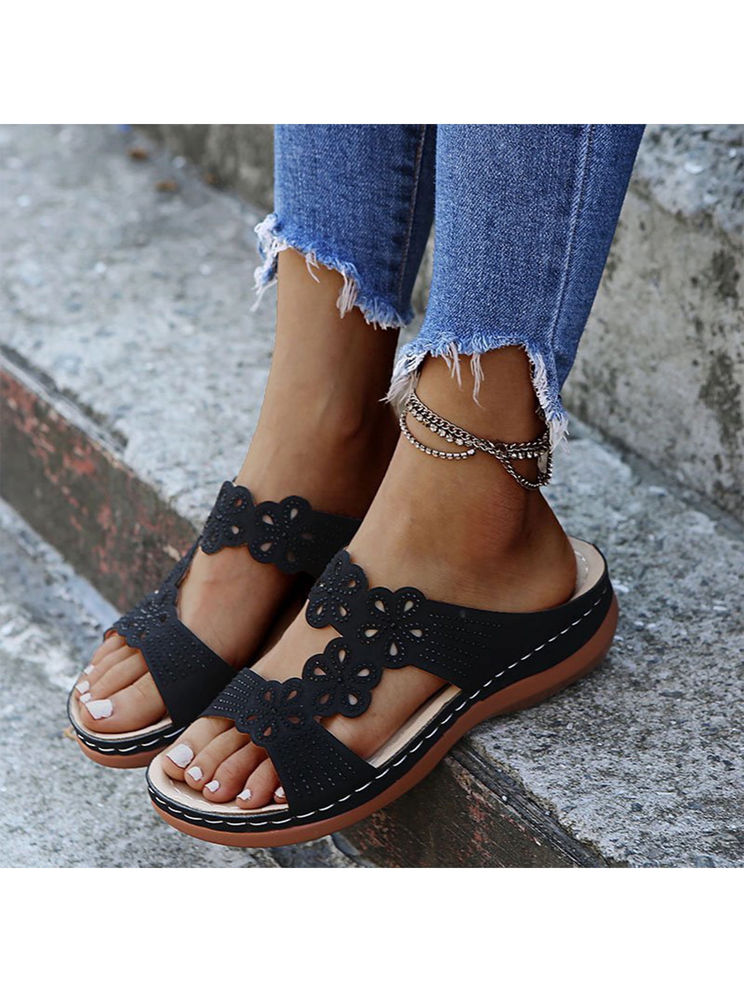 Woobling Women Low Wedge Sandals Slides 
