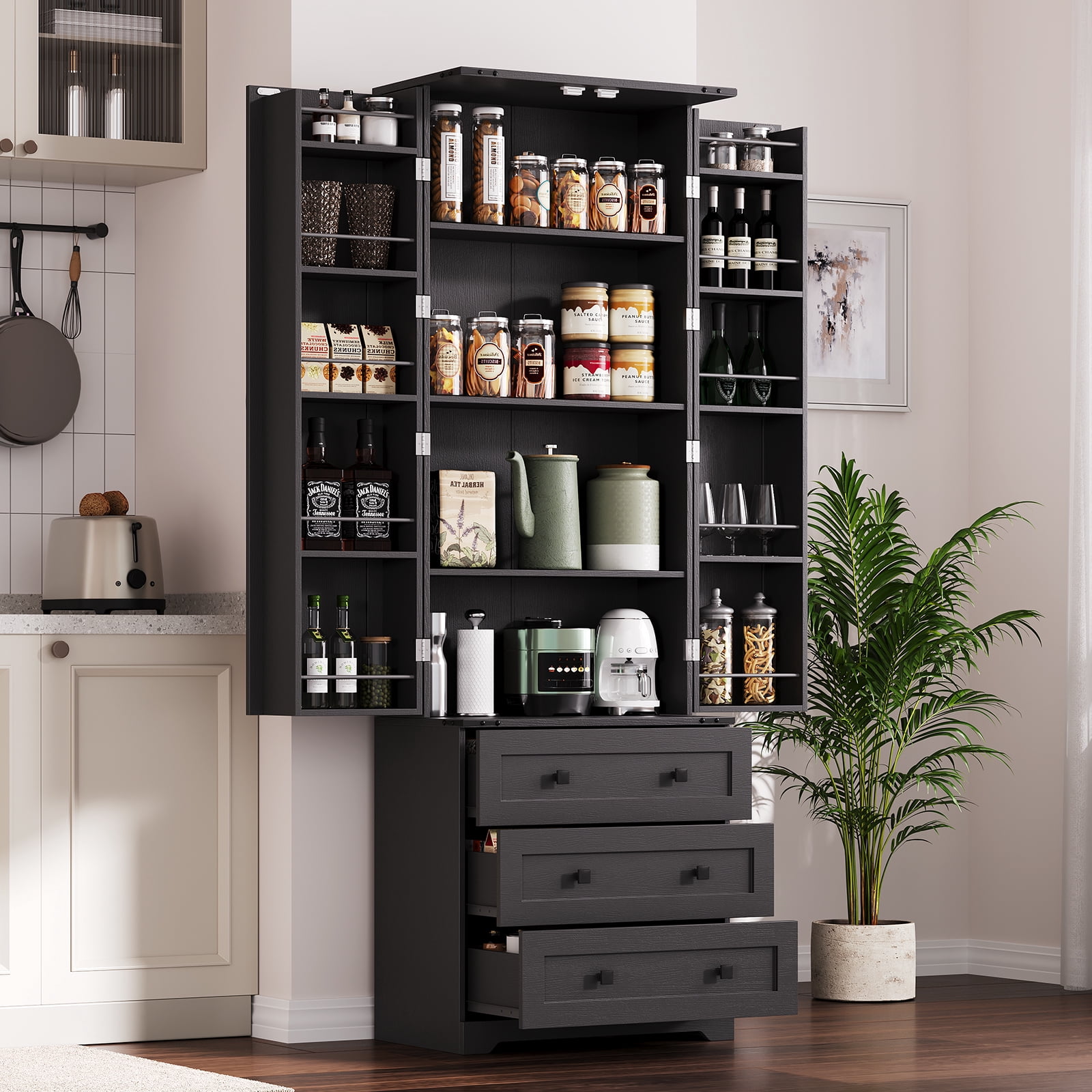 Garderth Kitchen Pantry Cabinet,72" Tall Pantry Storage Cabinet,Freestanding Cupboard With 3 Drawers,Adjustable Shelves,Farmhouse Food Pantry For Dinning Living Room Home Laundry Bathroom