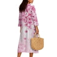 thumbnail image 2 of COEQINE Wrap Dress for Women 3/4 Sleeve Midi Length Church Dress Loose Fit Tunic Style, Linen-Like Polyester, V-Neck Design Loungewear, Size 2XL, Pink Cherry Blossom, 2 of 6