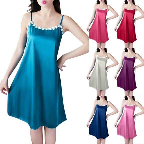 yillto Womens Satin Silky Nightdress Sleeveless Spaghetti Strap Sleepwear Pajamas Midi Nightgowns