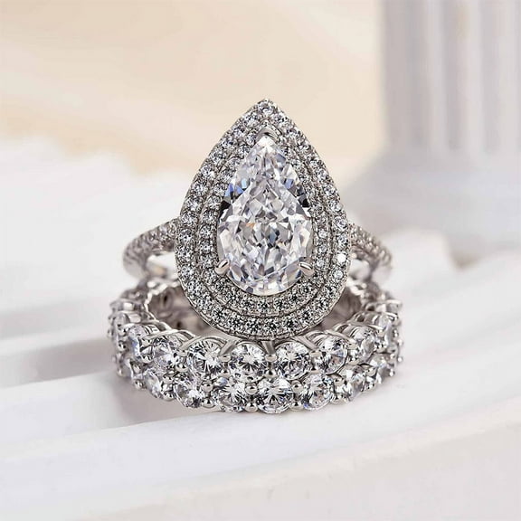 Veda Jewel Trio Engagement Set - 1.5 Ct Pear Cut Lab Created Diamond - 14K White Gold Plated Double Halo Wedding Ring Set for Women - Bridal Gift - Jewelry for Her
