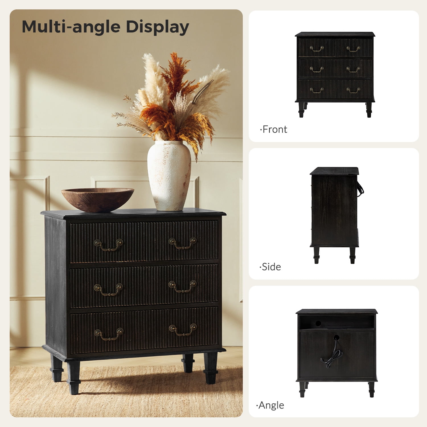 Tina's Home Transitional Set of 2 Solid Wood End Tables with Vertical Striped Design, Built-in Charging Station - 4 Charcoal Drawers