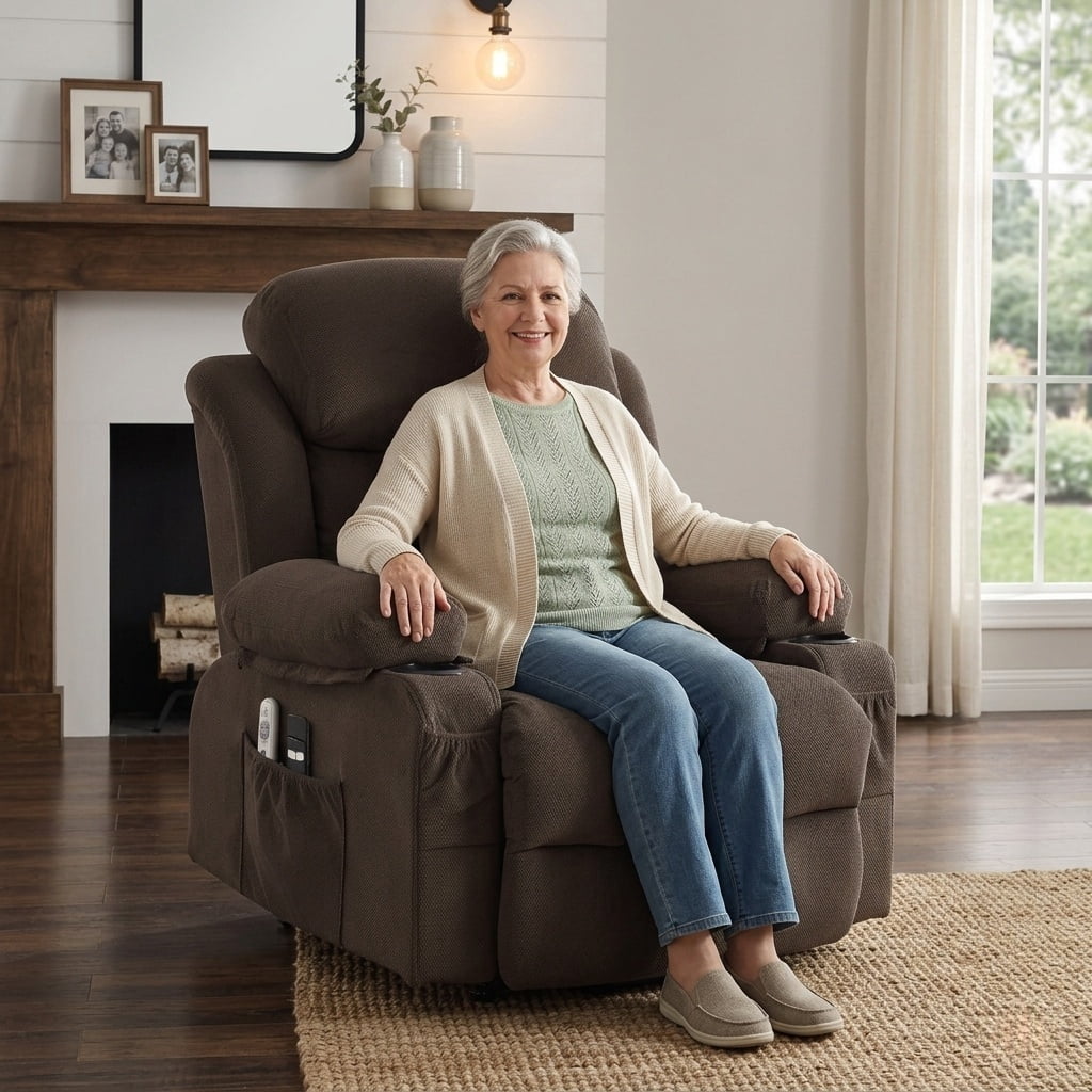 UHOMEPRO Lift Recliner Chair for Elderly and Adult, Electric Recliner with Heat and Vibration Massage, Remote Control, USB Port, Side Pockets & Cup Holders, Brown