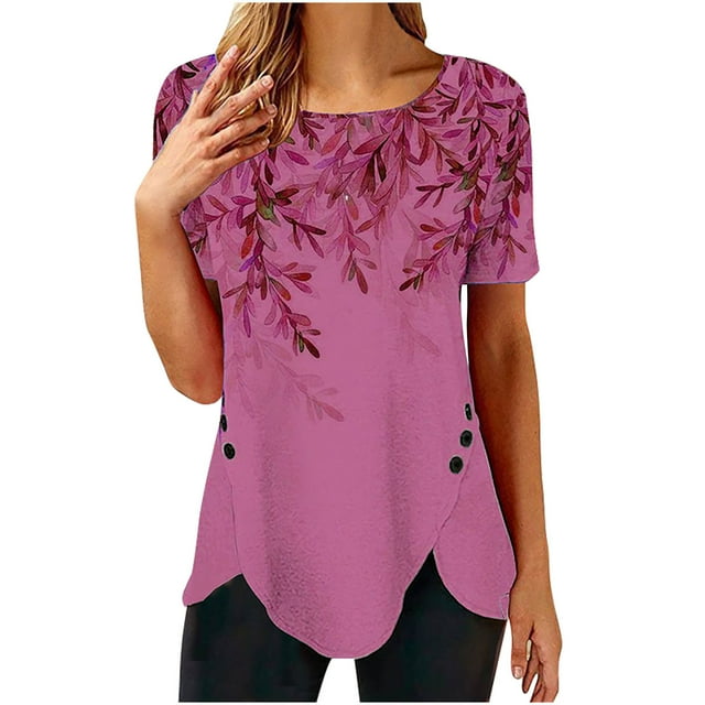 Pompotops T-shirt Mode Imprimé Ample pour Femmes Boutons Manches Courtes Blouse Col Rond Hauts Décontractés