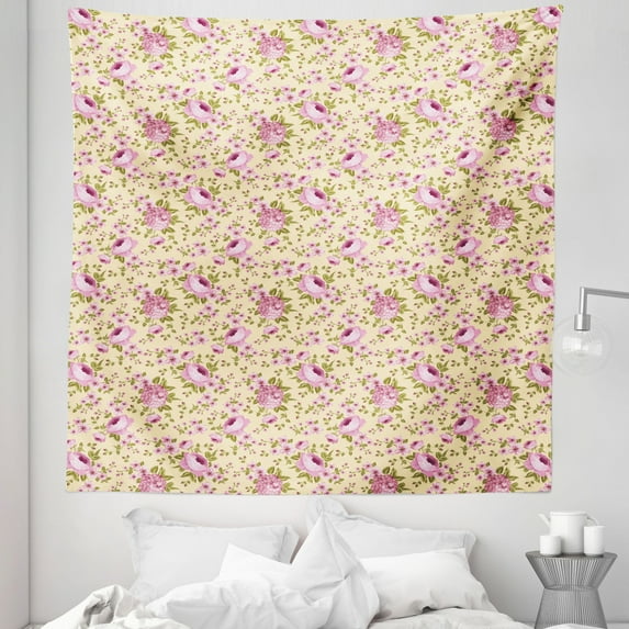 Peony Tapestry, Hydrangeas on Branches Vintage Nostalgic Feminine Nature Growth, Fabric Wall Hanging Decor for Bedroom Living Room Dorm, 5 Sizes, Olive Green Pale Pink, by Ambesonne