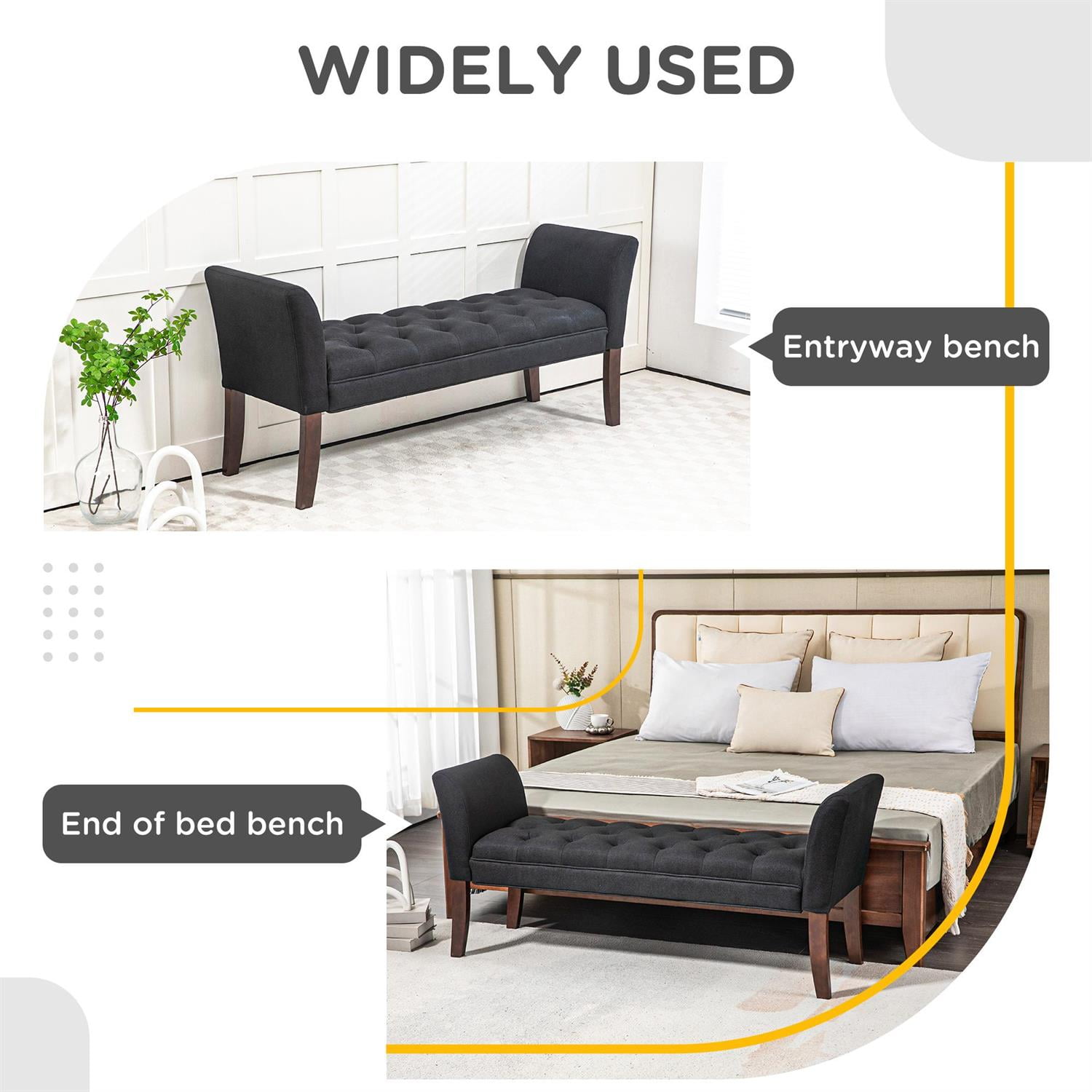 Demi Bonn 55" Upholstered Bench with Button Tufted Design, Armrest & Solid Wood Ends for Bedrooms, Comfortable Seating & Stylish Decor, Black
