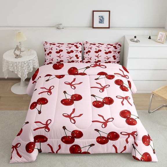 Erosebridal Dreamy Cherry Bedding Twin Comforter Set, Cartoon Bow Down Comforter, Princess Style Decor, Microfiber 2 Pieces