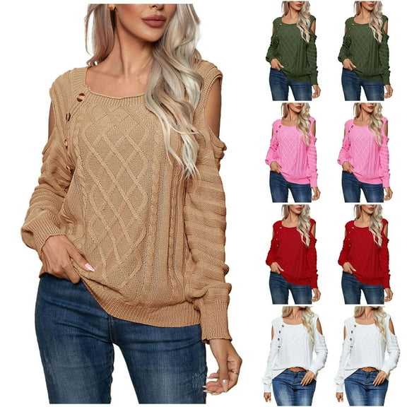 Ashirexll Winter Sweaters Pullover Sweaters for Women Button Neck Tops Off Shoulder Long Sleeve Knit Pullover Sweater Casual